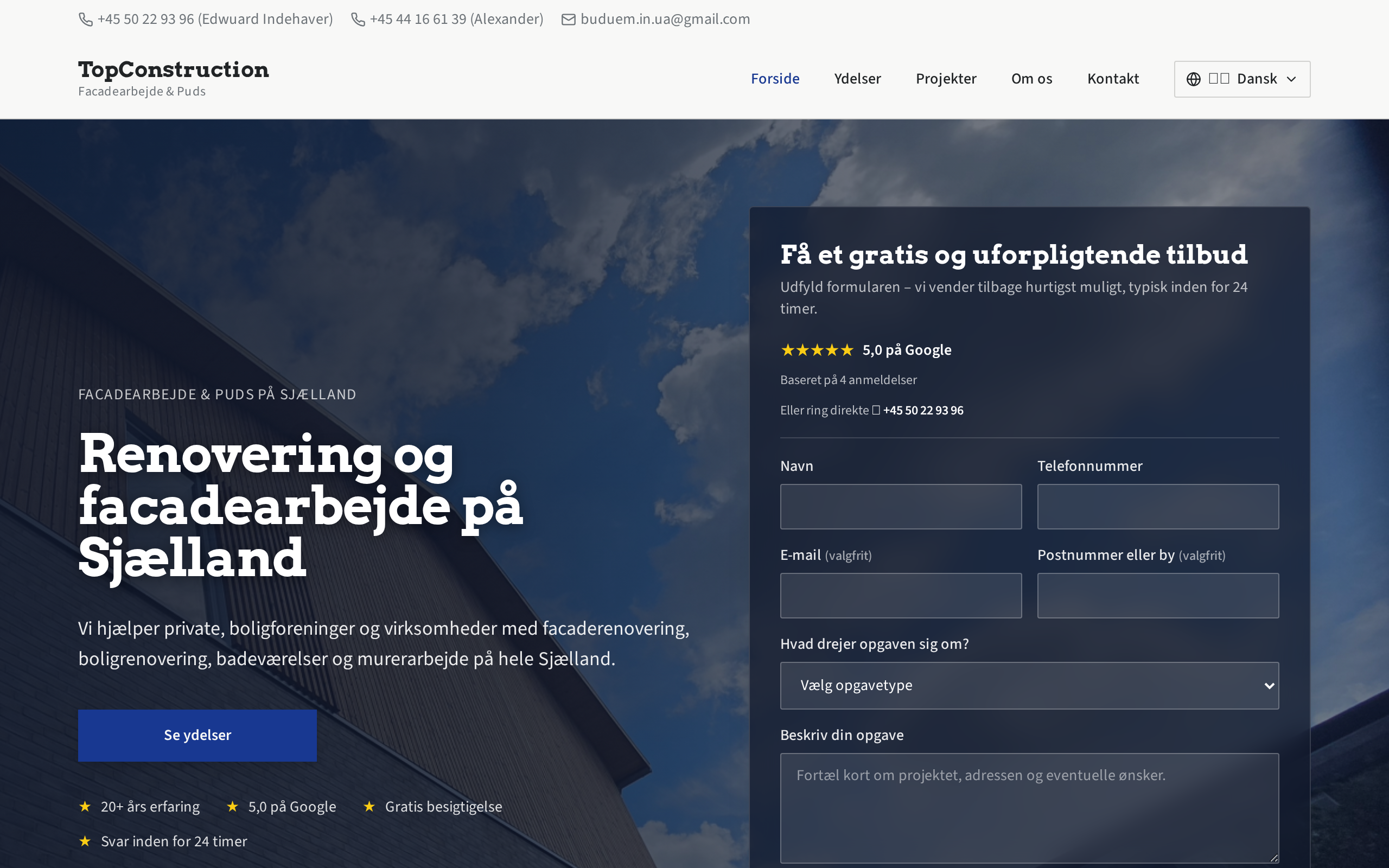 Skærmbillede af Top Construction Byg's hjemmeside, lavet af Nordaely